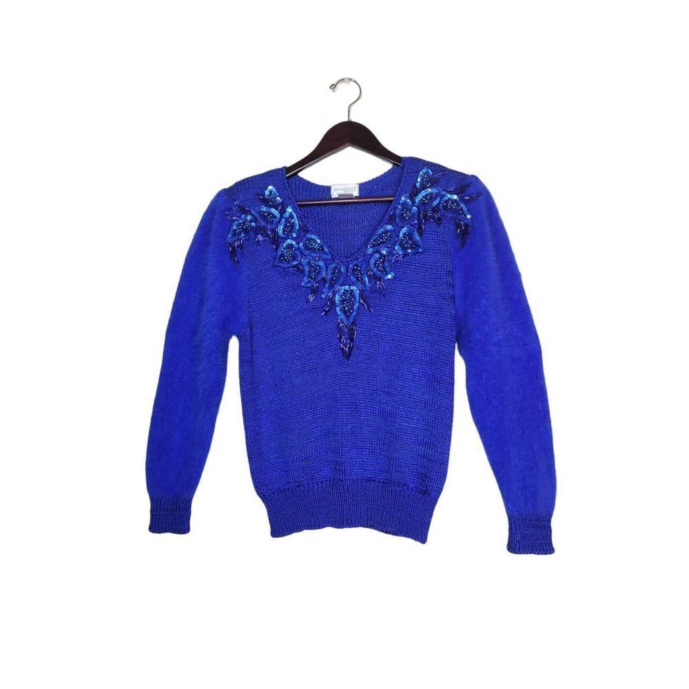Vintage Nordstrom Women's Long Sleeves Angora Blend Blue Sweater Pullover Size S